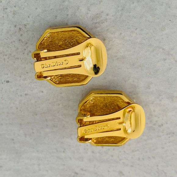 Vintage Christian Dior Black Enamel Rhinestone Earrings Gold Plate Hexagonal 90s - Picture 2 of 5